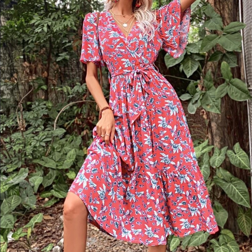 Boho floral ruffle hem belted dress - Picture 8 of 14
